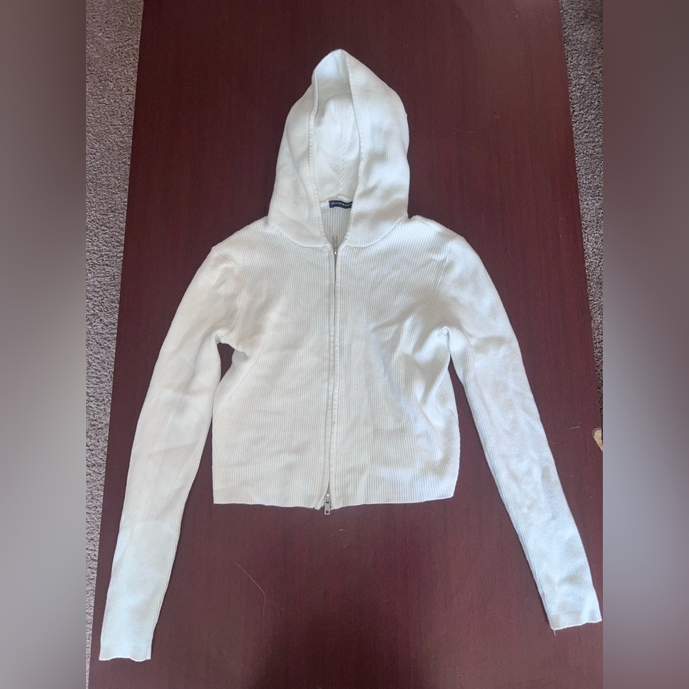 Brandy Melville White Zip-Up Hooded Sweatshirt